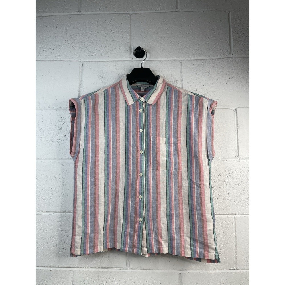 Orvis Women's Striped Linen Blend Cap Sleeve Button Down Shirt Size S Multicolor